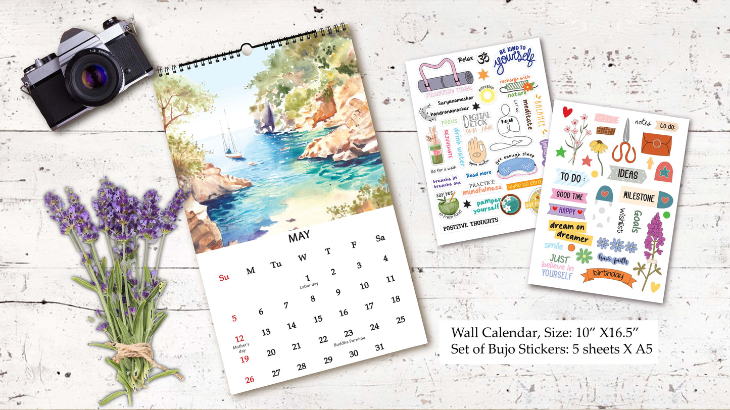 Nature's Retreat Wall Calendar 2024 + Bullet Journal Stickers