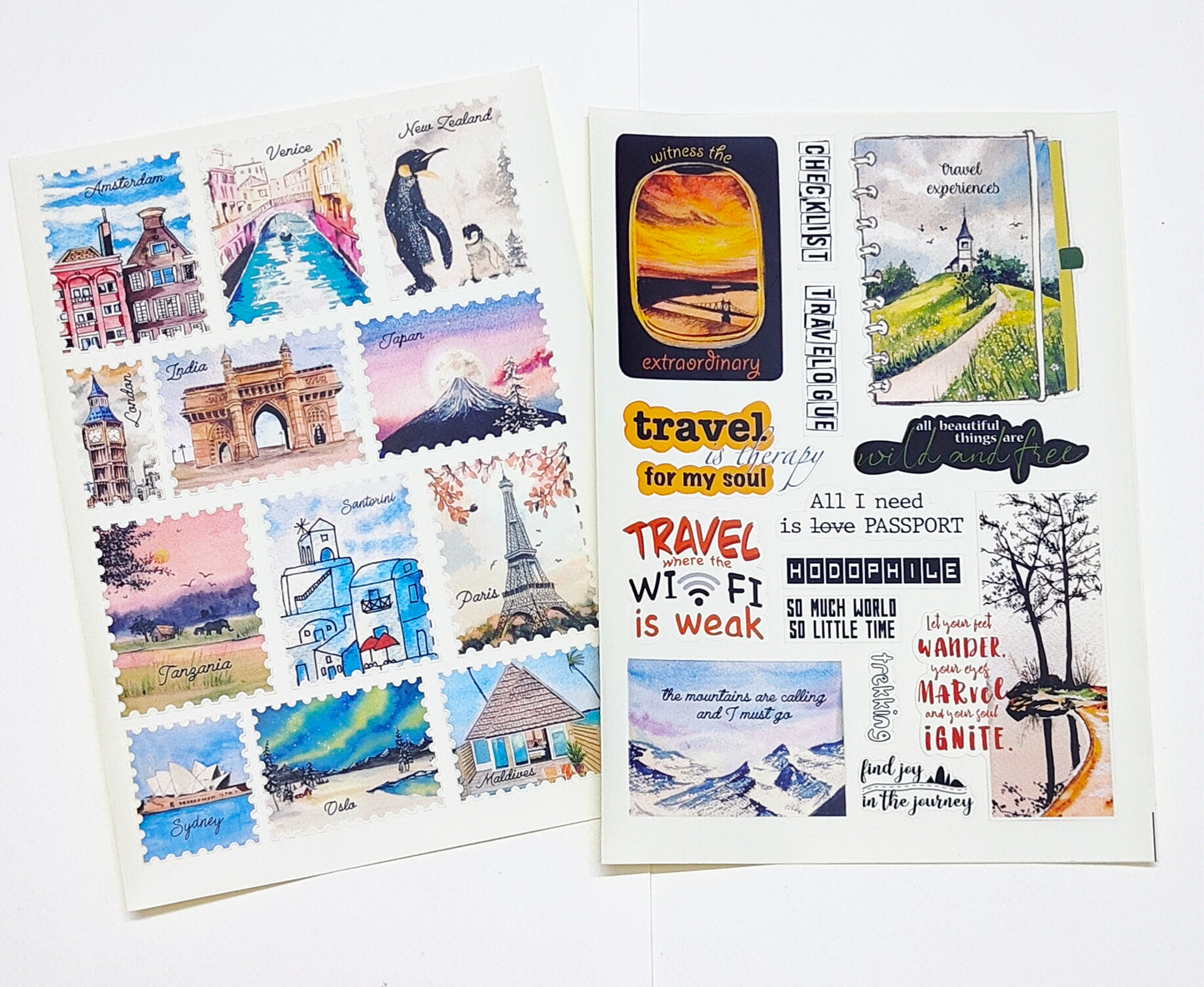 Travel Stickers |5 A5 sheets | 110 unique stickers | perfect for Scrapbook and Journaling