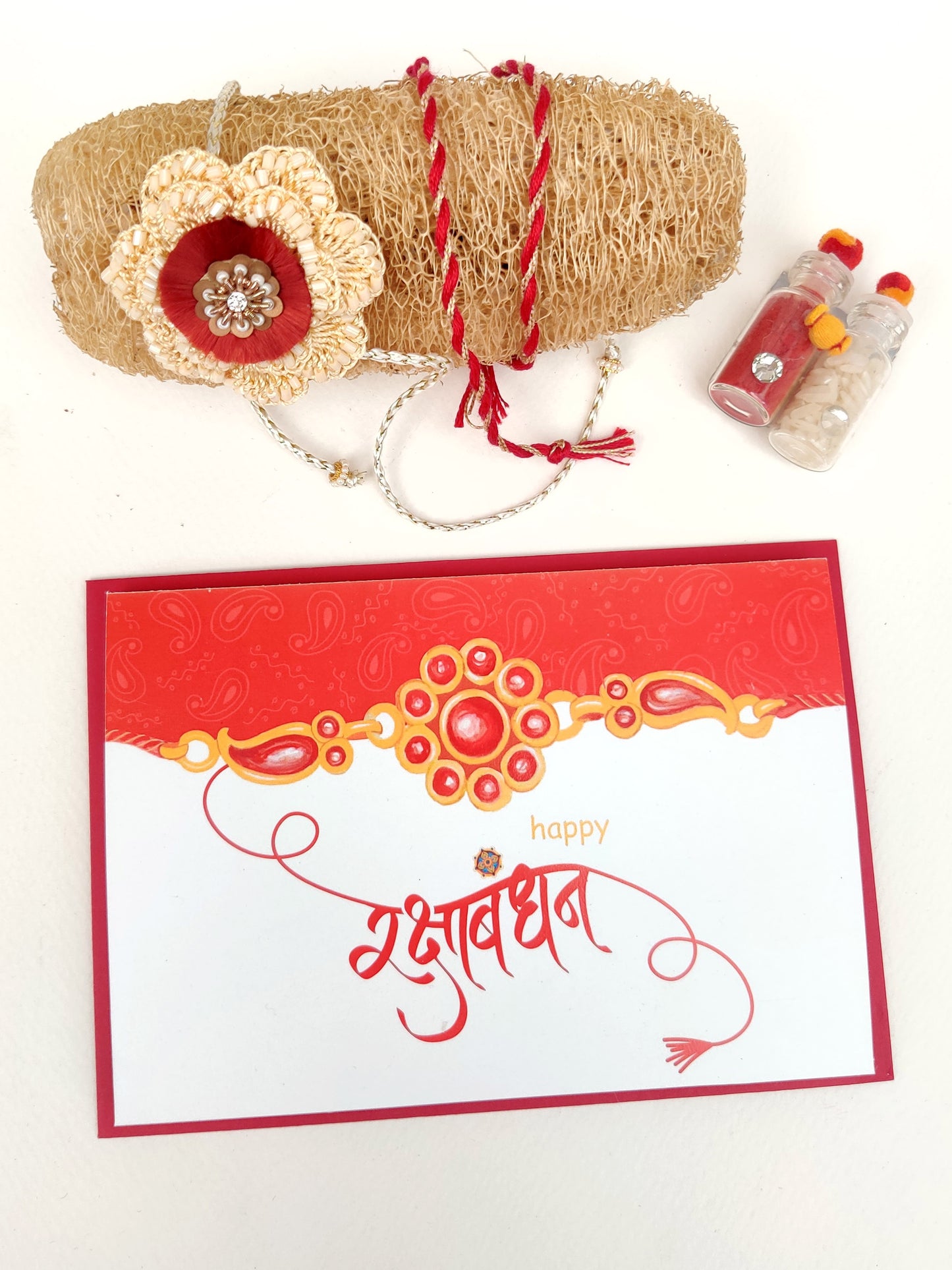 Crochet and bead Rakhi | Handmade | Greeting and Rori rice