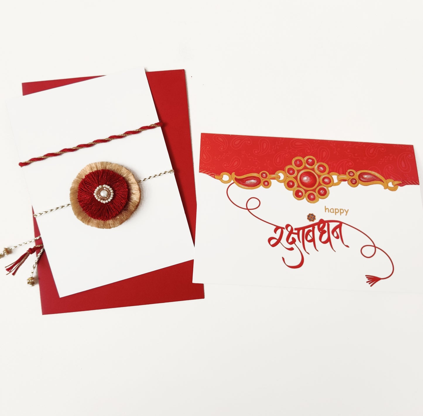 Resham double phool rakhi | Red and Gold | Handmade | Greeting, Rori and Rice