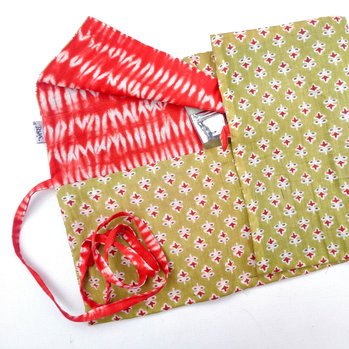Olive block print and Red Shibori brush holder roll| Turn into a A5 Notebook folder | Tie around waist when painting