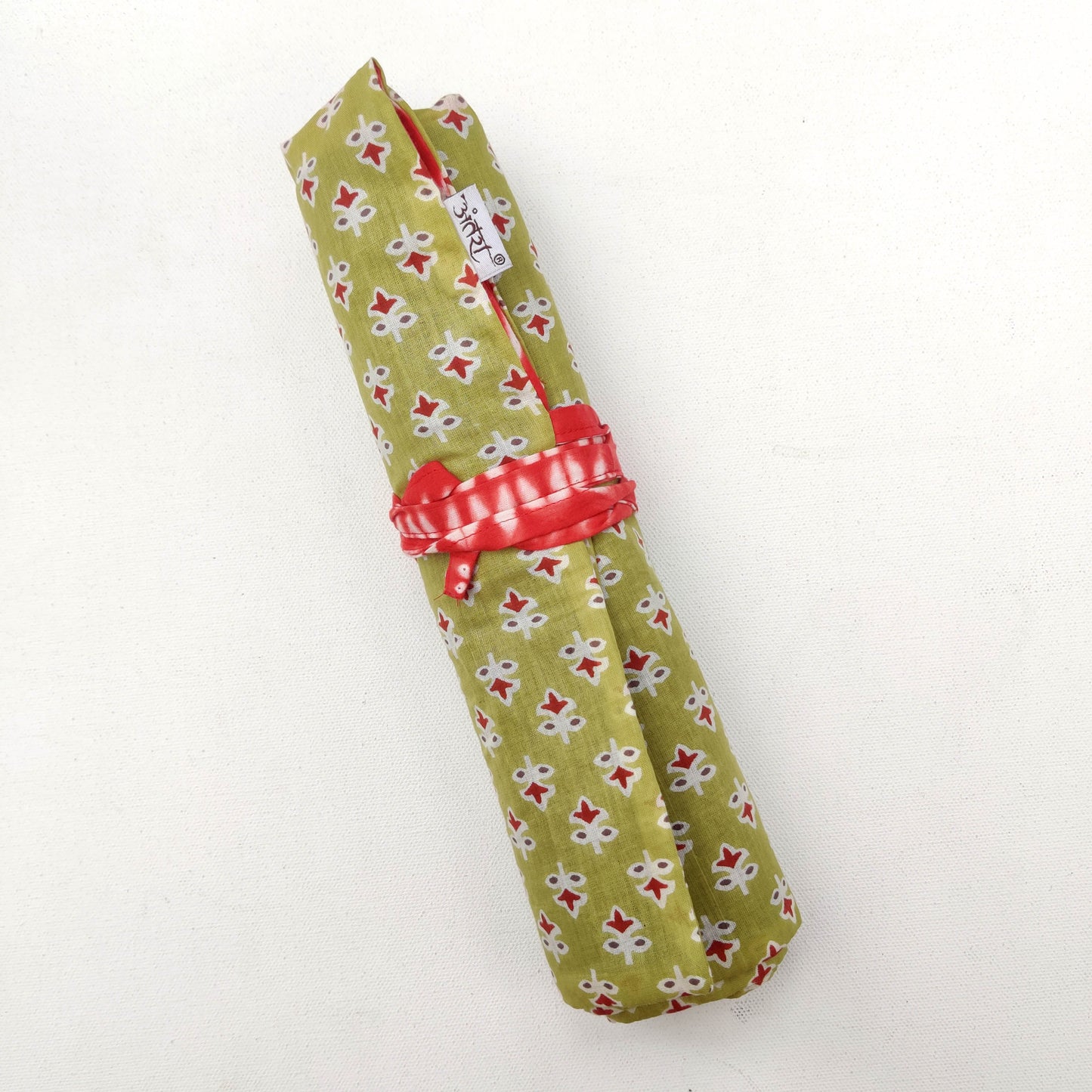 Olive block print and Red Shibori brush holder roll| Turn into a A5 Notebook folder | Tie around waist when painting
