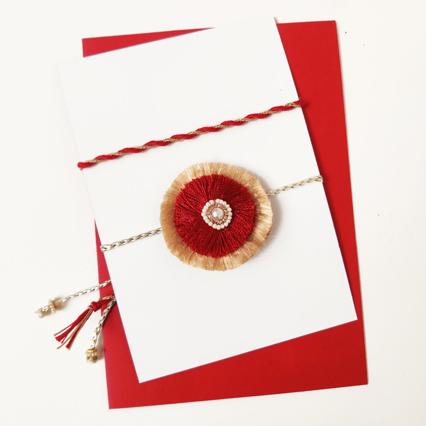 Resham double phool rakhi | Red and Gold | Handmade | Greeting, Rori and Rice