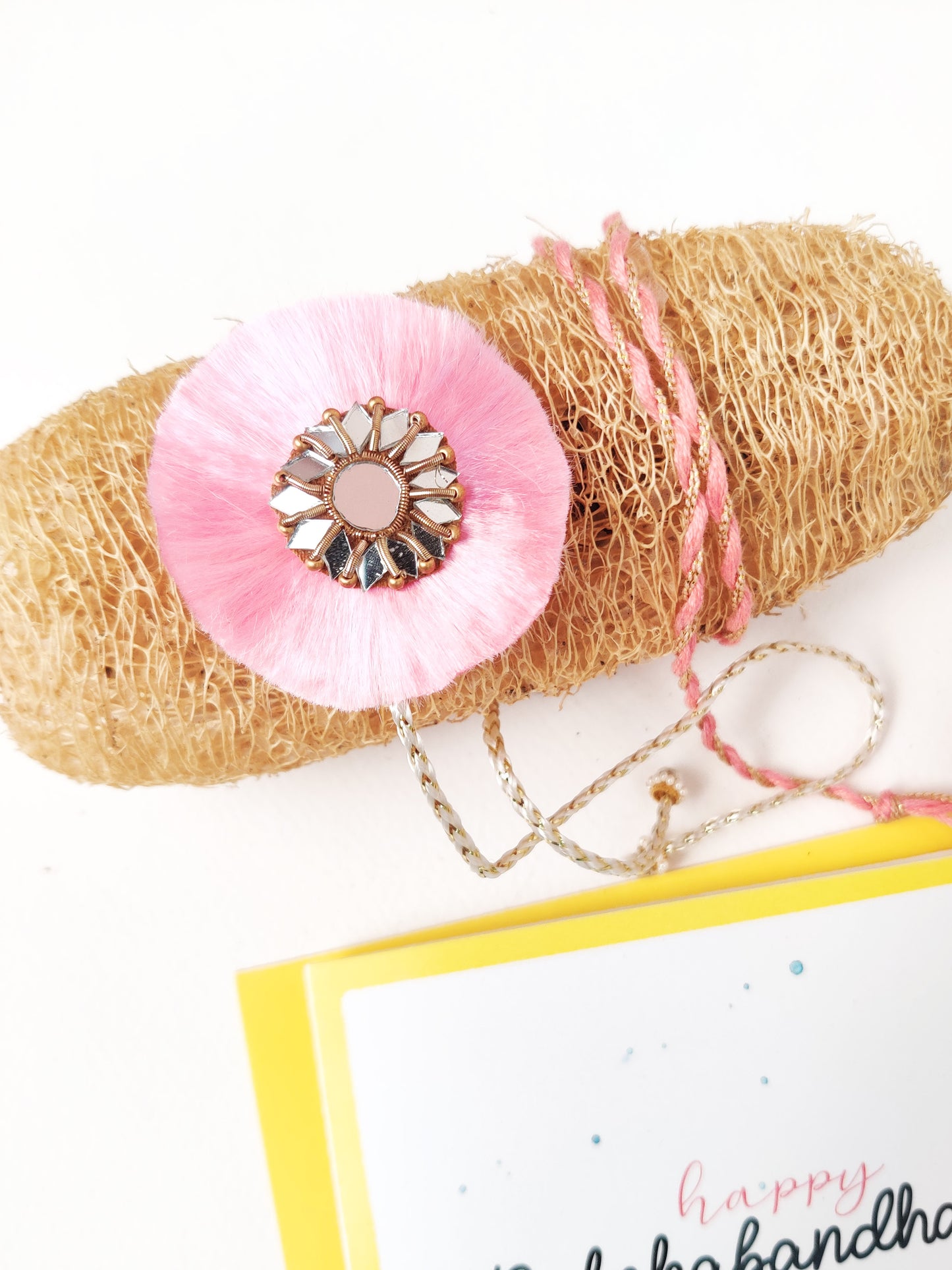 Resham Phool rakhi | Pink | Handmade | Greeting and Rori rice