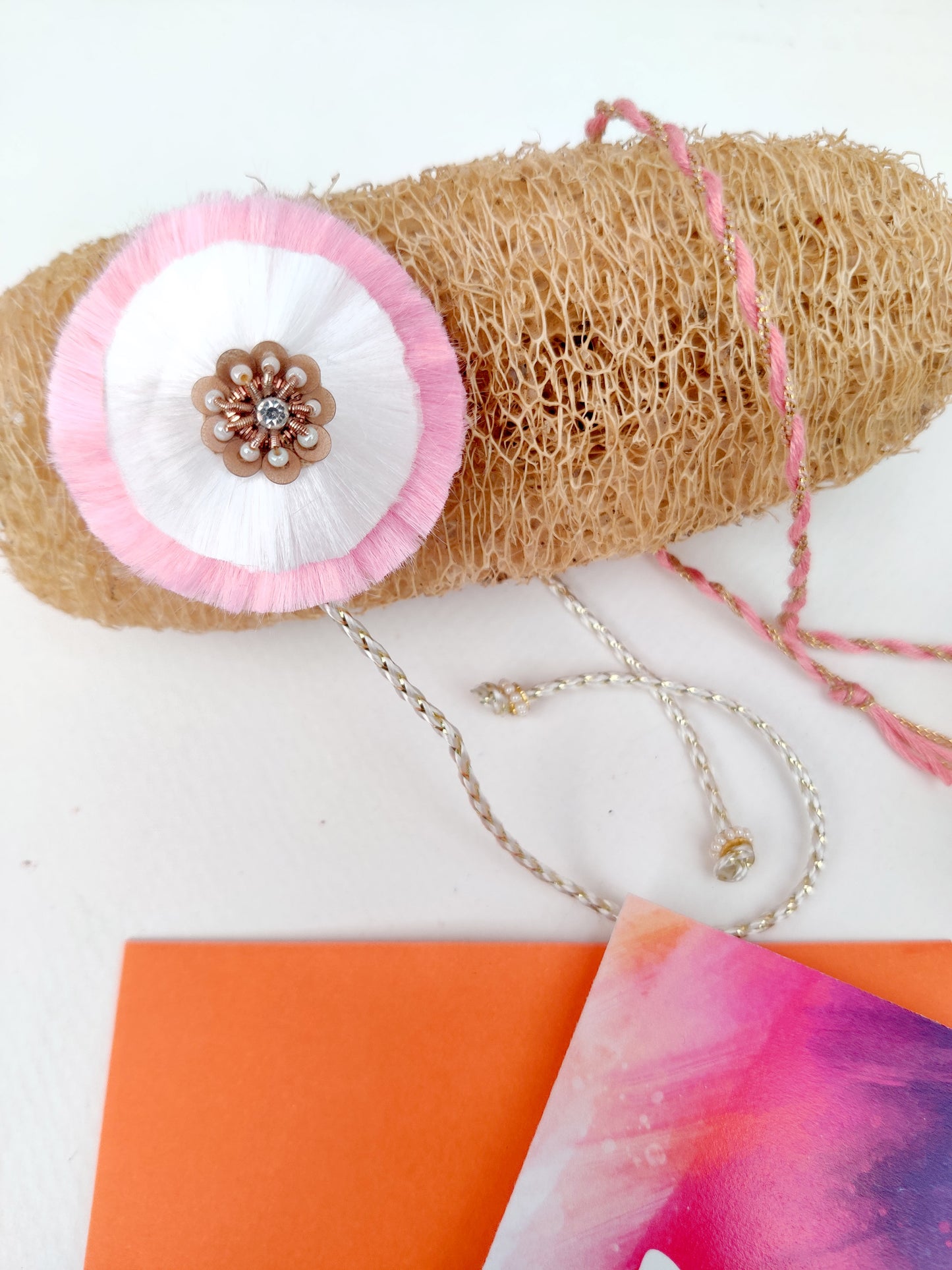 Resham double phool rakhi | Pink and White | Handmade