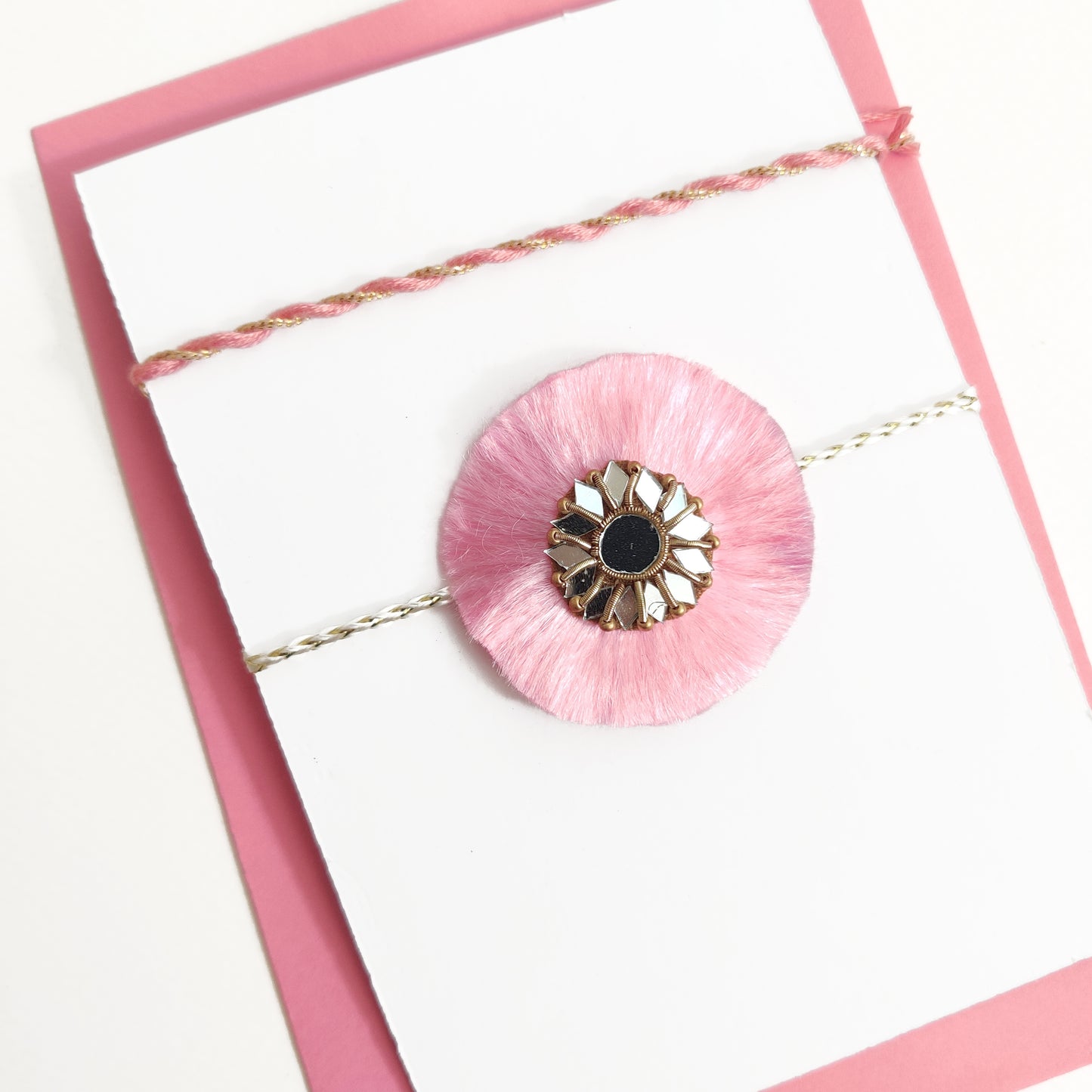 Resham Phool rakhi | Pink | Handmade | Greeting and Rori rice