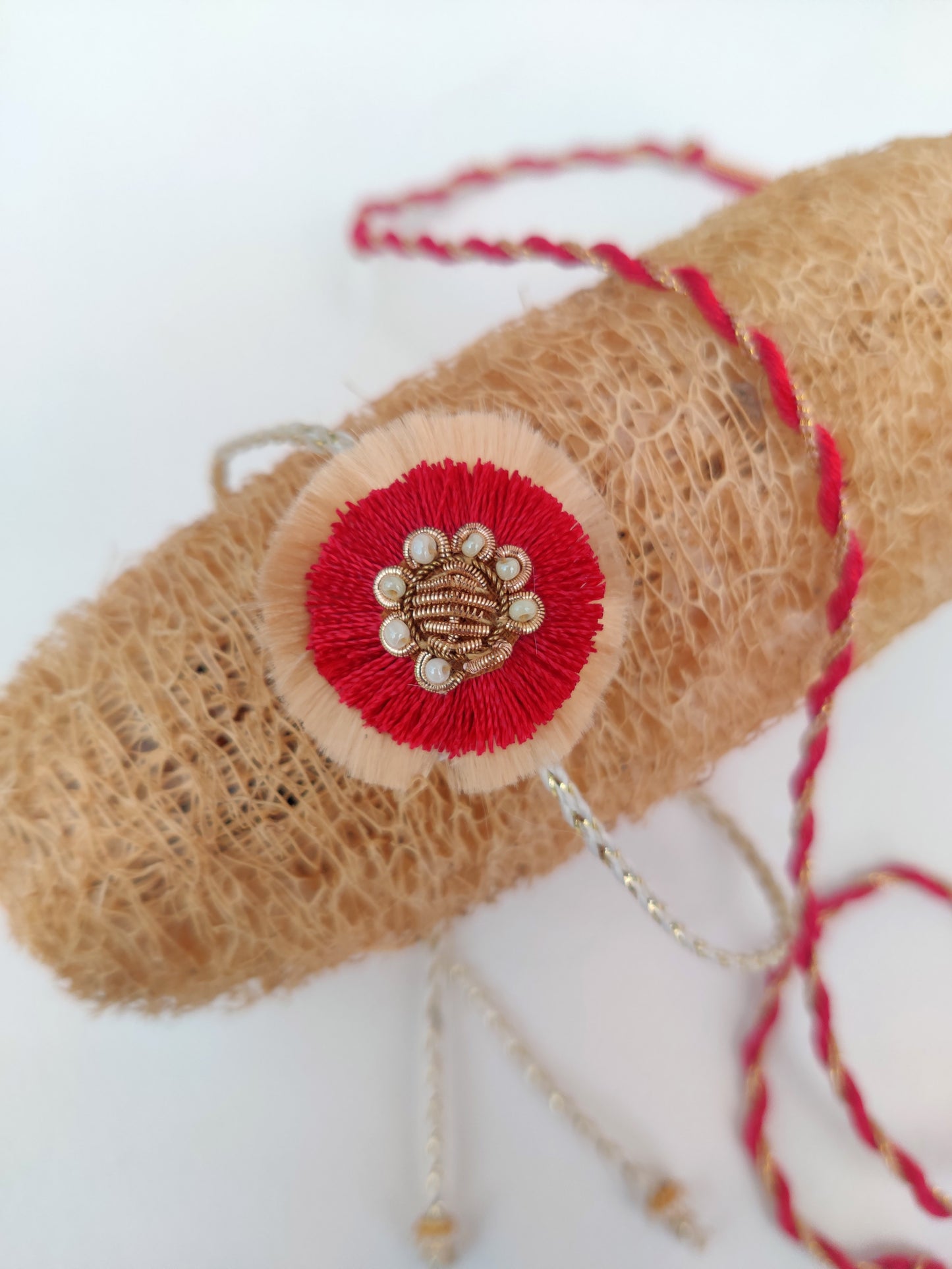 Resham double phool rakhi | Red and Gold | Handmade | for young brothers