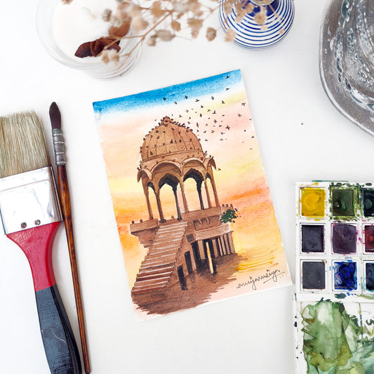 Gadisar Lake  | Architecture Illustration | Handmade Postcard