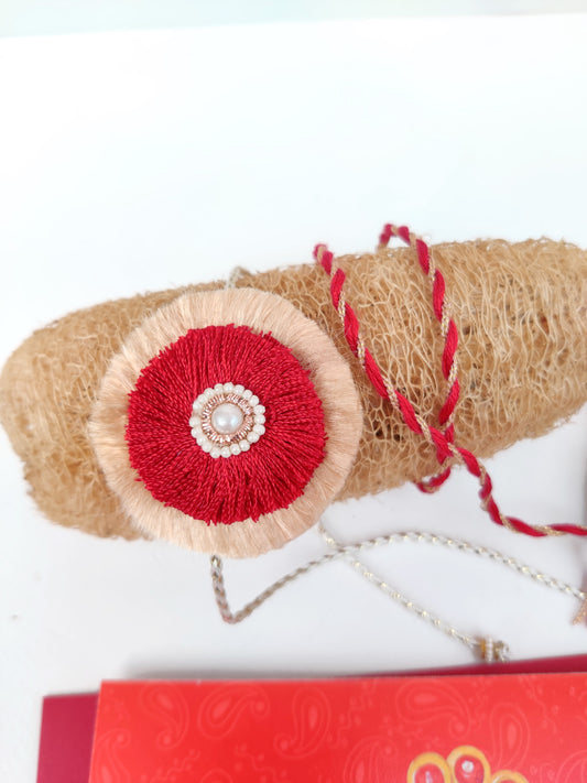 Resham double phool rakhi | Red and Gold | Handmade | Greeting, Rori and Rice
