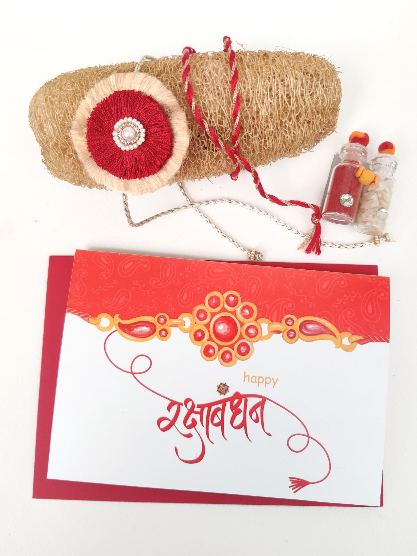 Resham double phool rakhi | Red and Gold | Handmade | Greeting, Rori and Rice