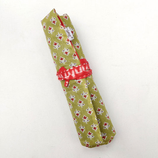 Olive block print and Red Shibori brush holder roll| Turn into a A5 Notebook folder | Tie around waist when painting