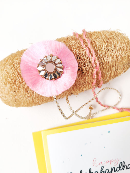 Resham Phool rakhi | Pink | Handmade | Greeting and Rori rice