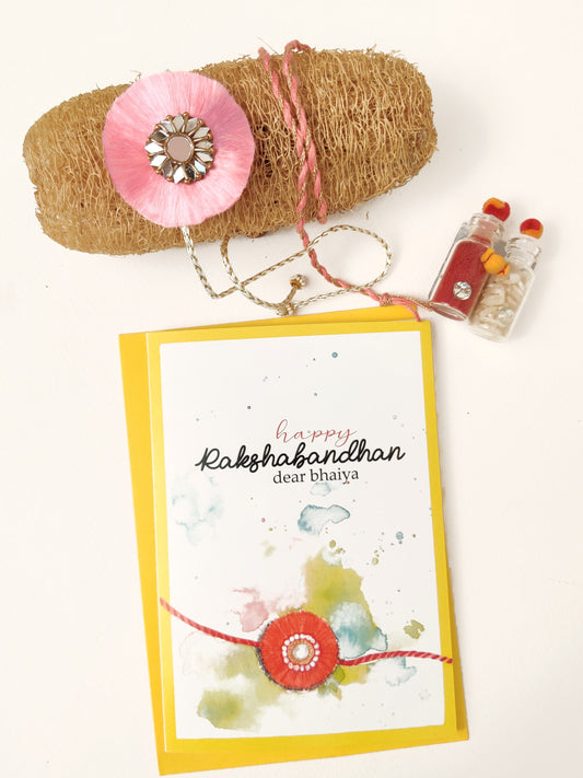 Resham Phool rakhi | Pink | Handmade | Greeting and Rori rice