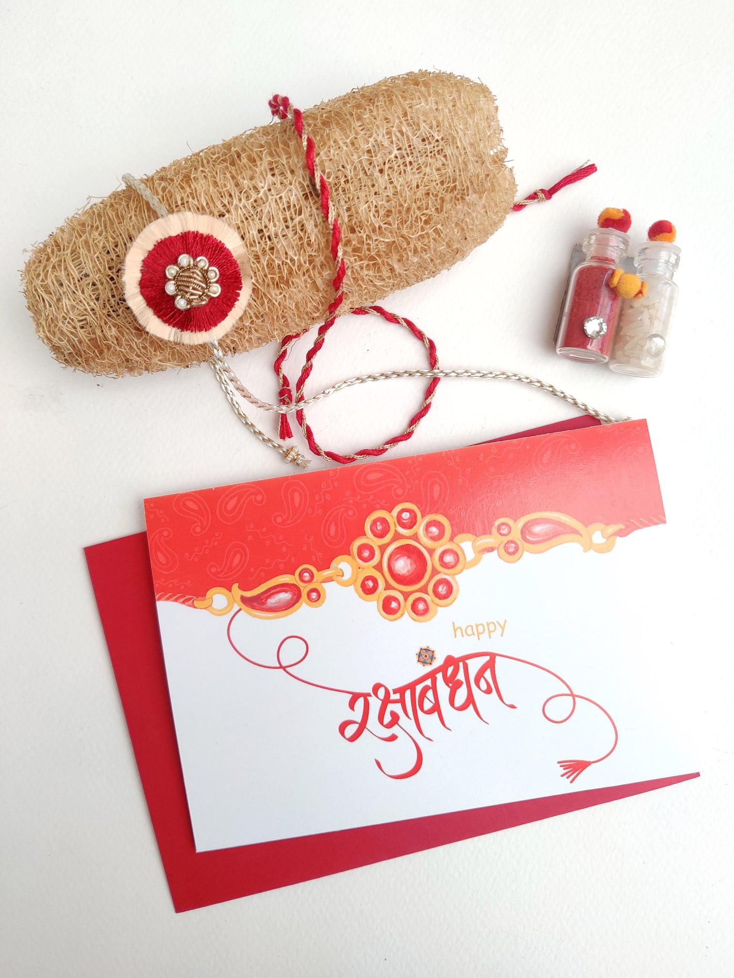 Resham double phool rakhi | Red and Gold | Handmade | for young brothers